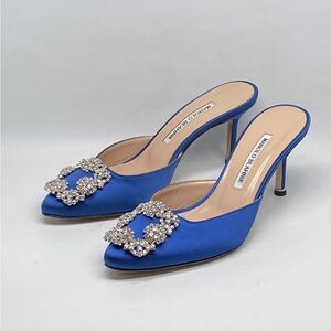 Manolo Blahnik Satin Blue Mules with Crystal Accent